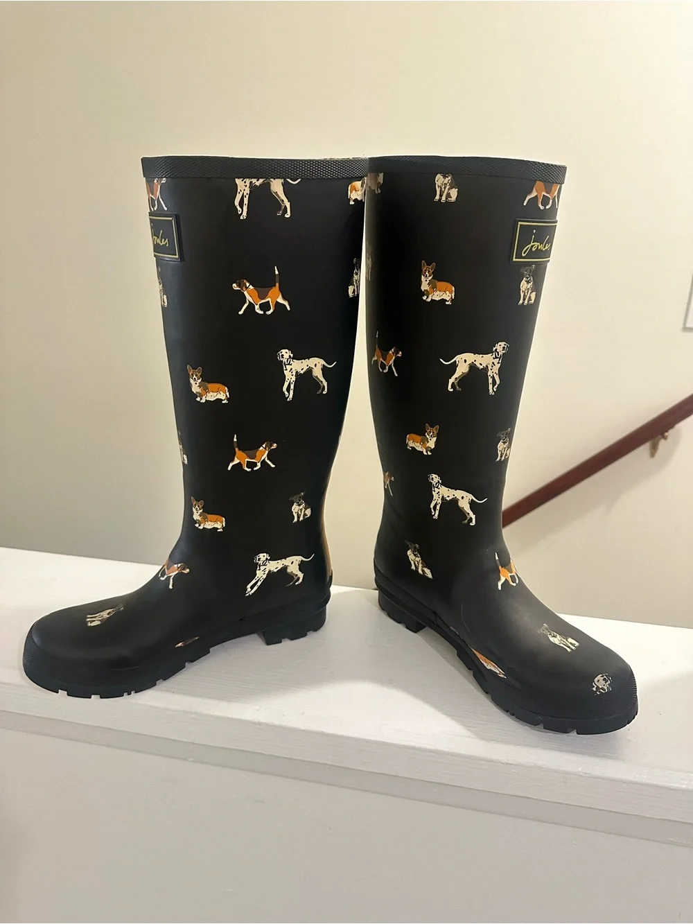 Joules Black Dog Print Tall Rain Boots Wellies EU 38 US 7.5/8